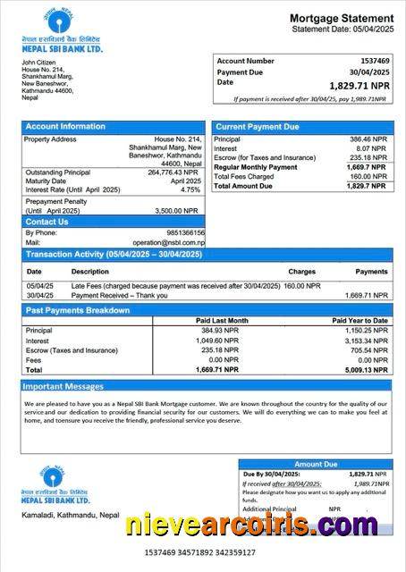 Nepal SBI Bank mortgage statement Word and PDF template